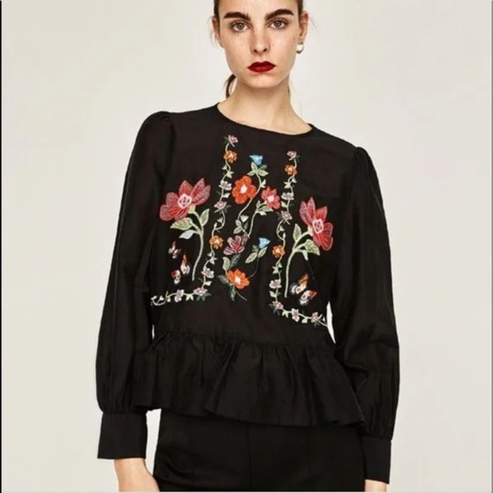 Lumiere Black Blouse with Floral Embroidery